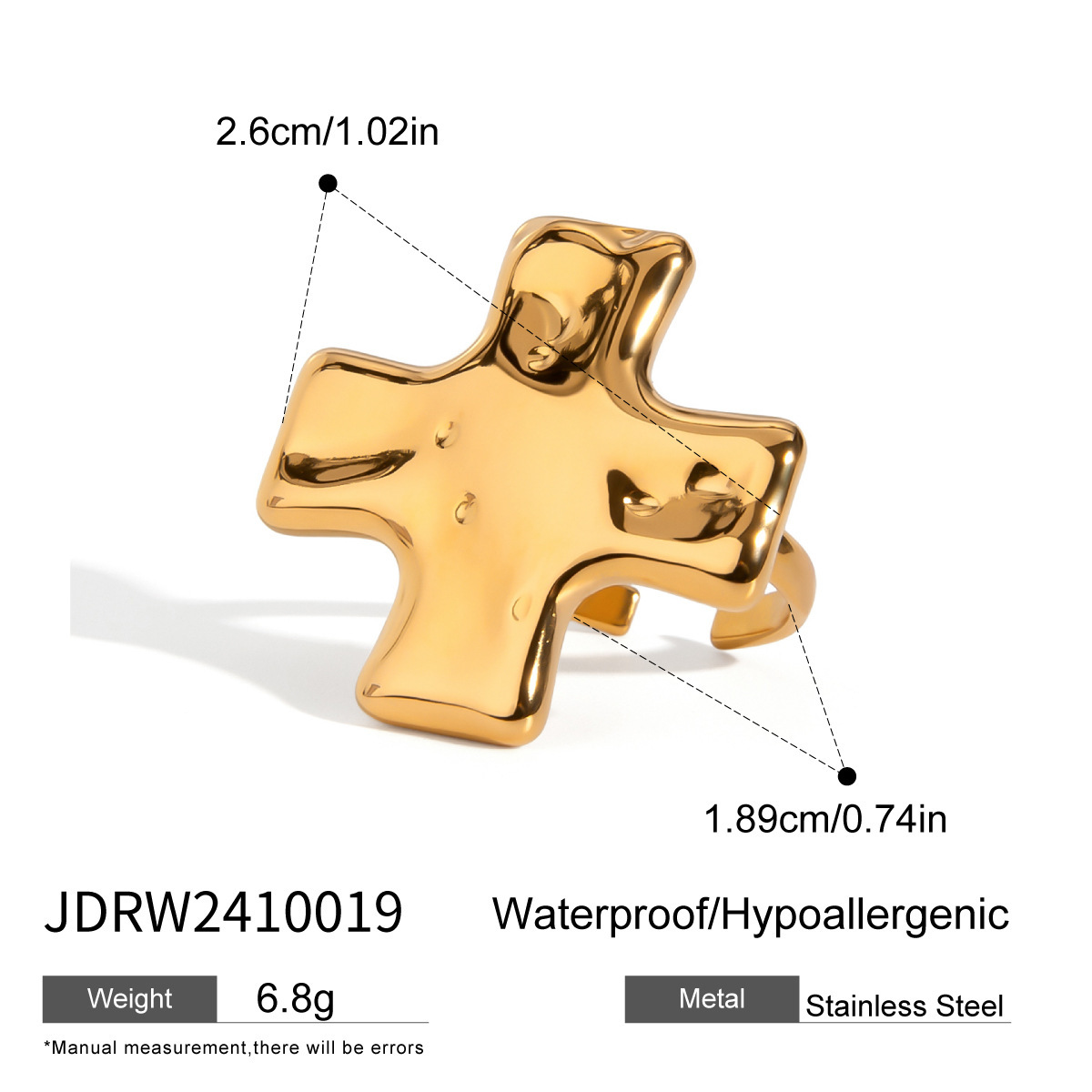 1 Piece Simple Series Retro Cross Stainless Steel 18K Gold Color Plated Women's Adjustable Rings 